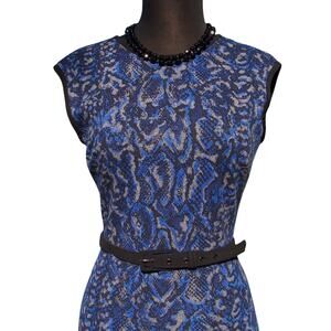 Cache Stretch Dress Lined Removable Belt Blue Black Reptile Print New $168 NWT